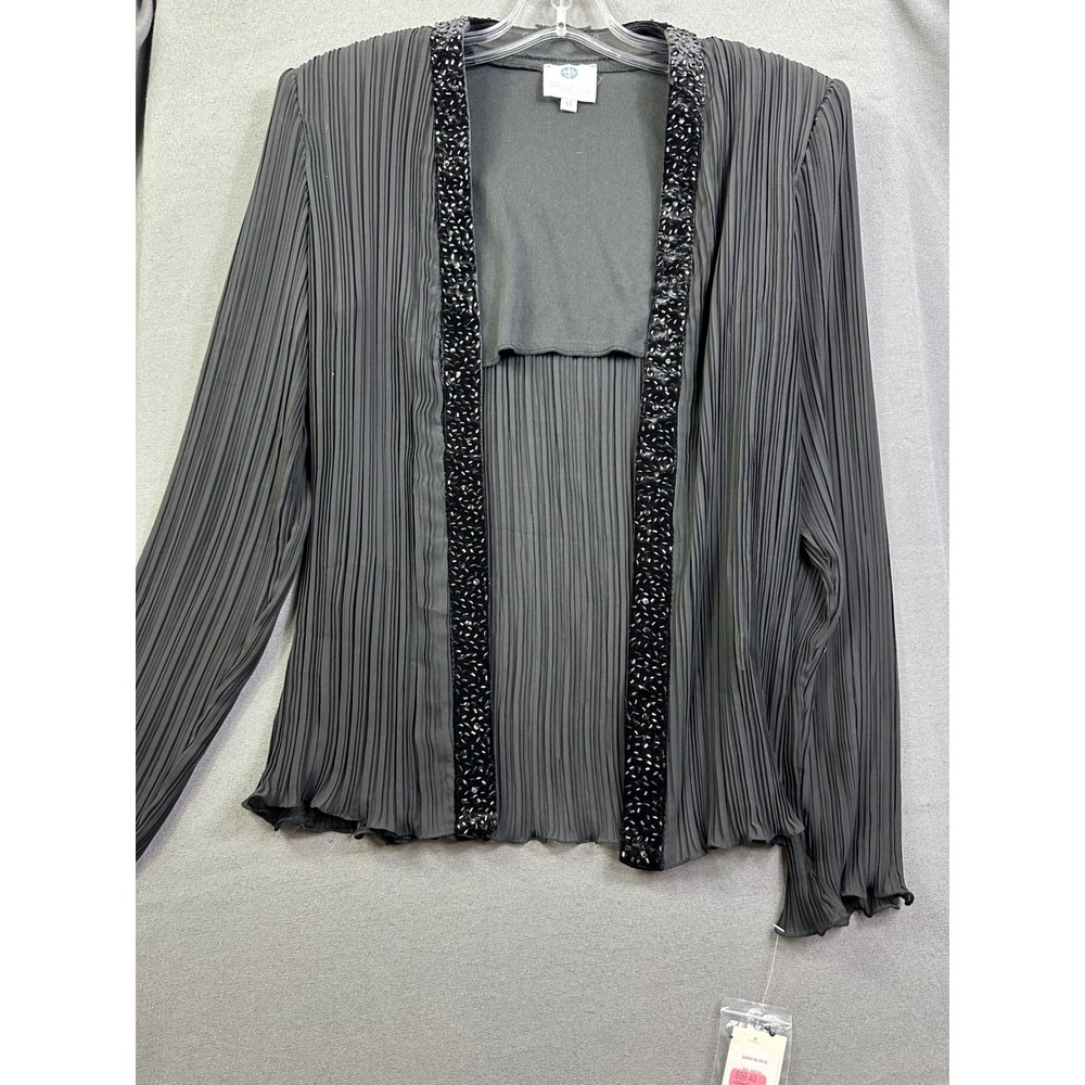 Patra Women's Black Pleated Beaded Trim Open Front Cardigan Jacket Size 14 20469